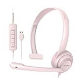 Pink USB Headset with Microphone Noise Cancelling in-line Control, for Laptop